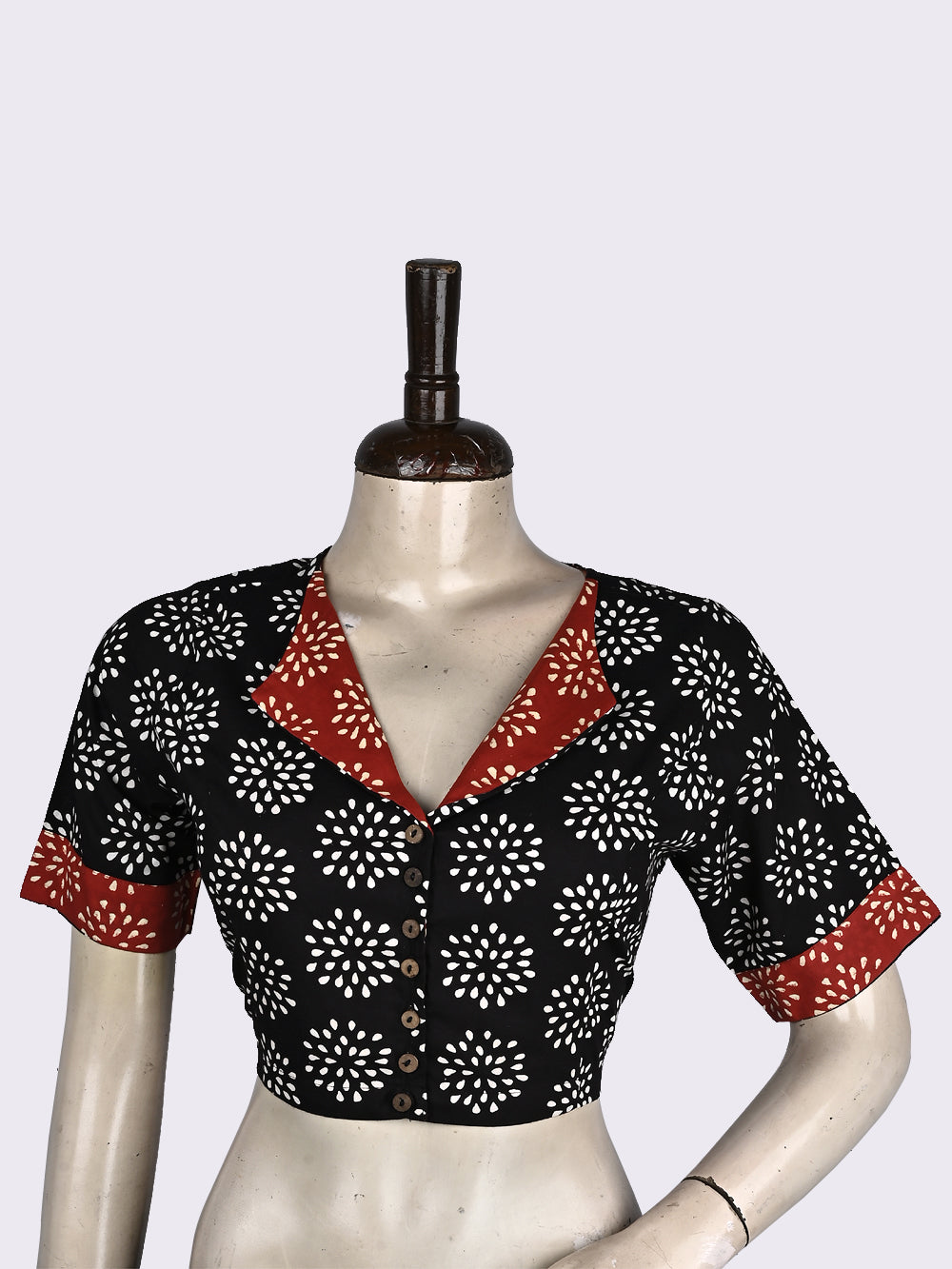 Black Crackle Overlap Collar Hand Block Printed Cotton Blouse