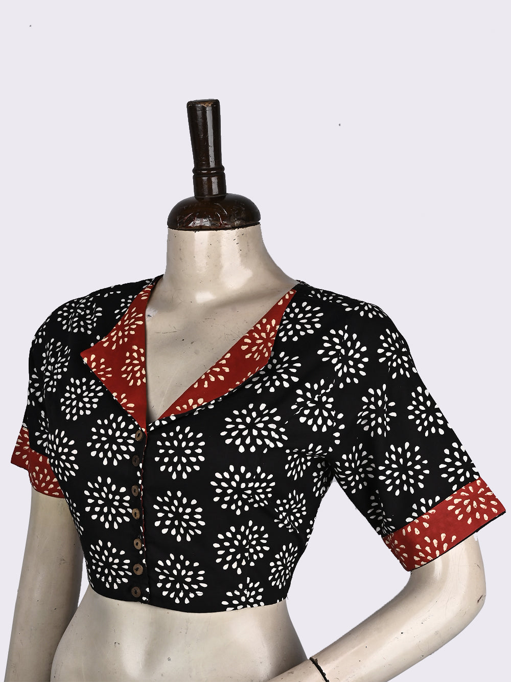 Black Crackle Overlap Collar Hand Block Printed Cotton Blouse