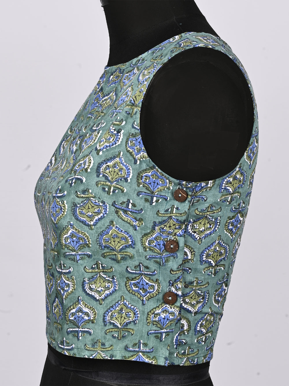 Aqua Jaipuri Hand Block Printed Sleeveless Printed Cotton Blouse