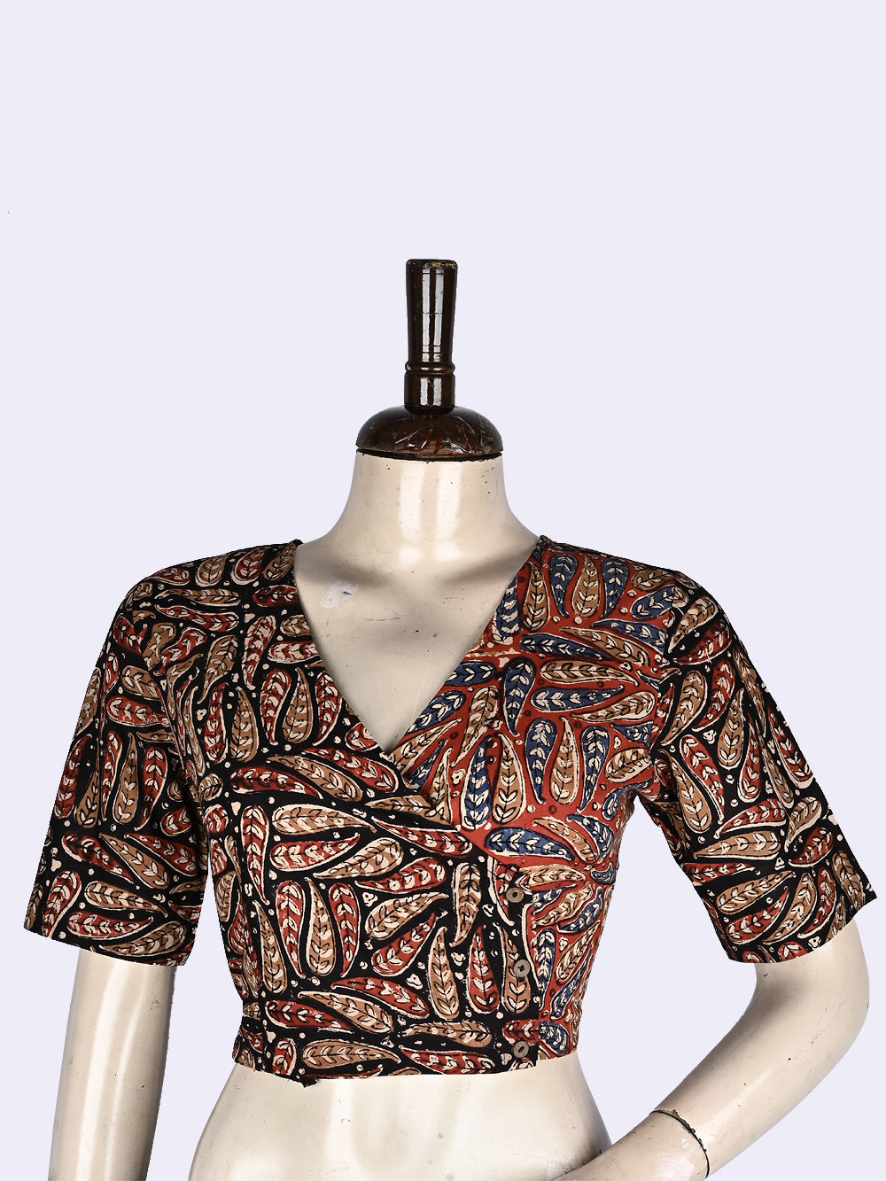 Red-Black Kalamkari Angrakha Hand Block Printed Cotton Blouse