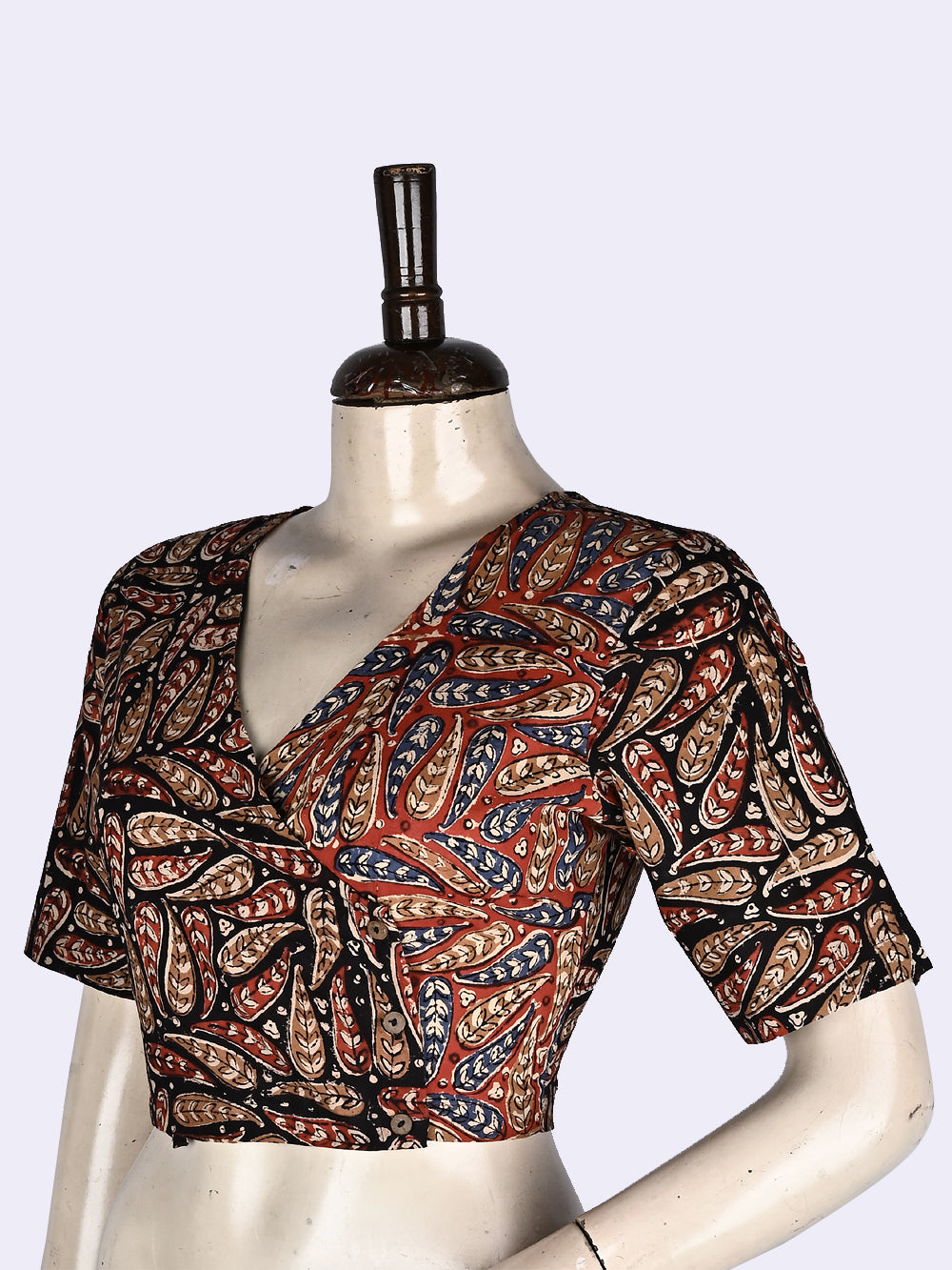 Red-Black Kalamkari Angrakha Hand Block Printed Cotton Blouse