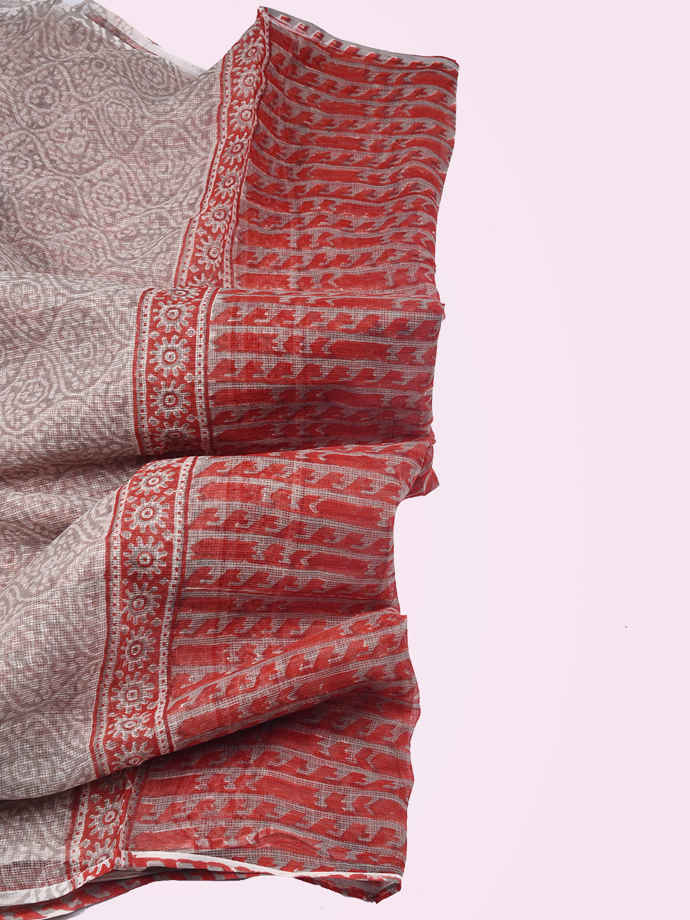 Red & Grey Jaggered Stripes Hand Block Printed Pattern Kota Doria Dupatta