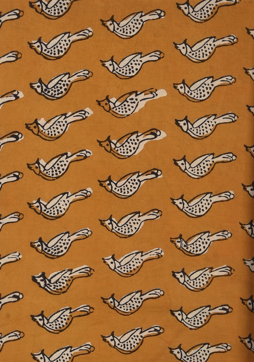 Bagru Natural Colour Yellow Chidiya Bird Animal Pattern Cotton Cambric Fabric