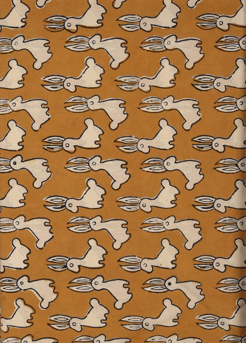 Bagru Natural Colour Yellow Khargosh Hare Animal Pattern Cotton Cambric Fabric