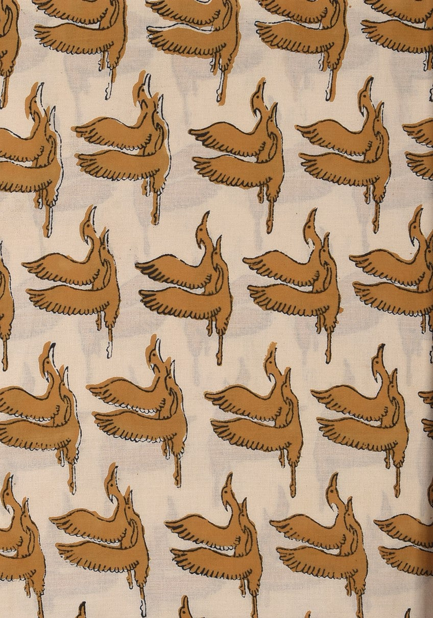 Bagru Natural Colour Yellow Flamingo Rajhans Animal Pattern Cotton Cambric Fabric