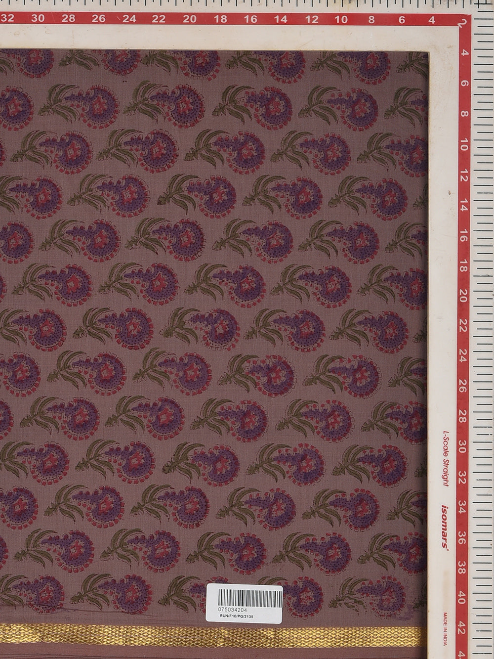 Mauve Marigold Booti Cotton Mangalgiri with Zari border Sanganeri Hand Block Printed Fabric