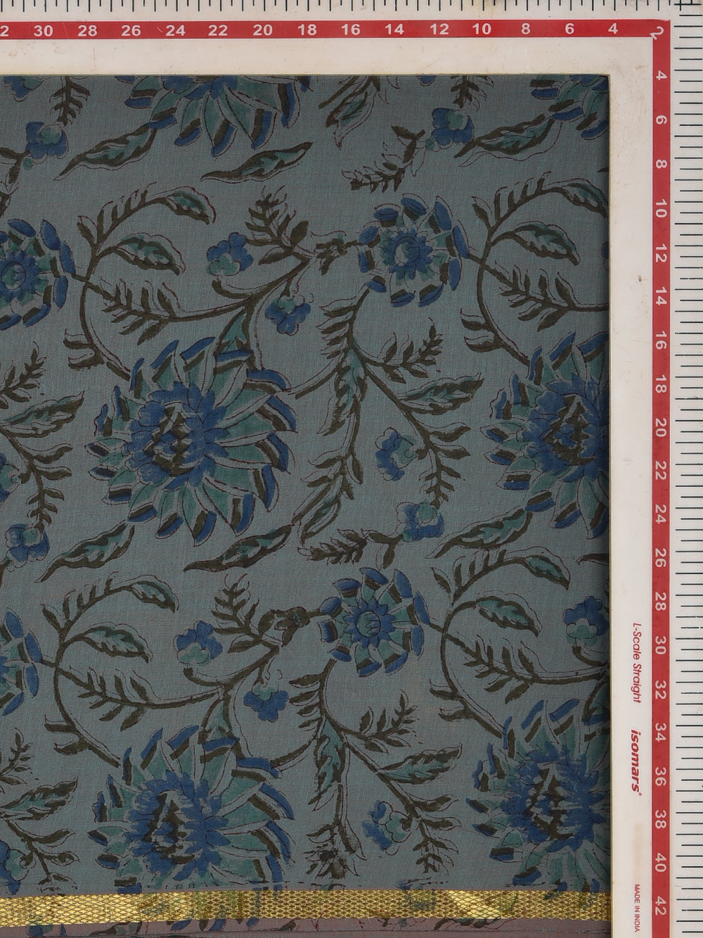 Steel Blue Pinwheel Jaal Cotton Mangalgiri with Zari border Sanganeri Hand Block Printed Fabric