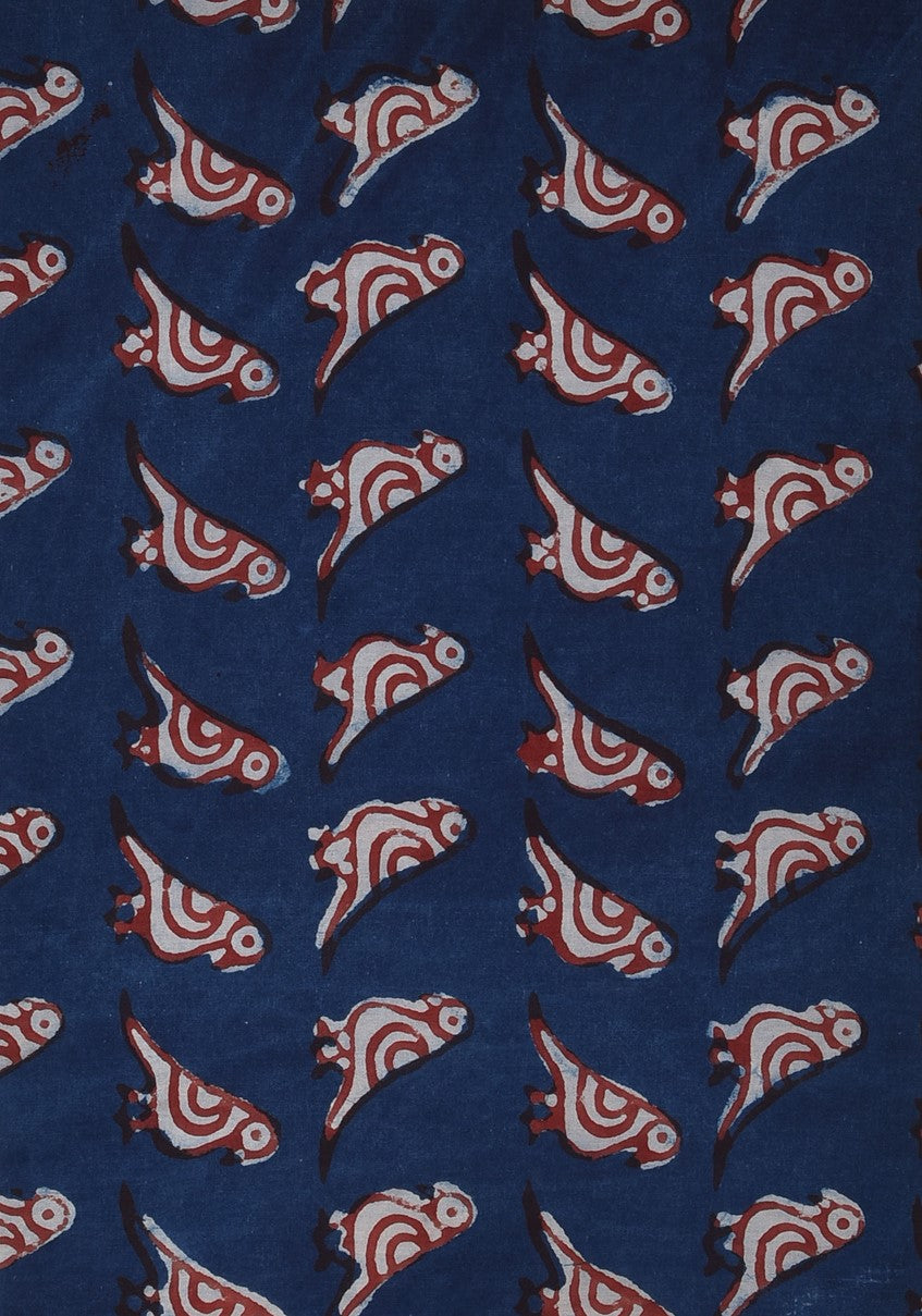Daboo Indigo Natural Dyed Tota Parrot Animal Print Cotton Cambric Fabric