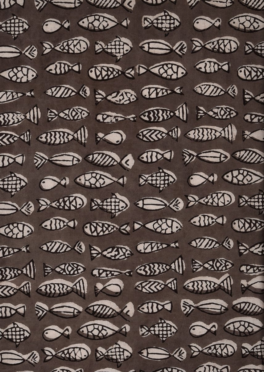 Grey Daboo Kashish Naturally Dyed Matsya Fish Animal Pattern Cotton Cambric Fabric