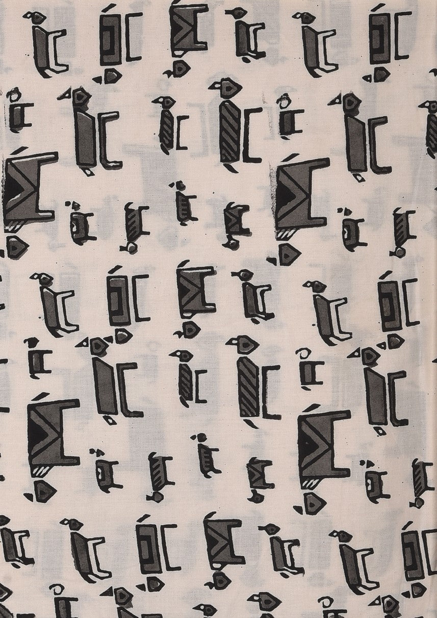 Grey Bagru Natural Colour Abstract Herd Animal Pattern Cotton Cambric Fabric