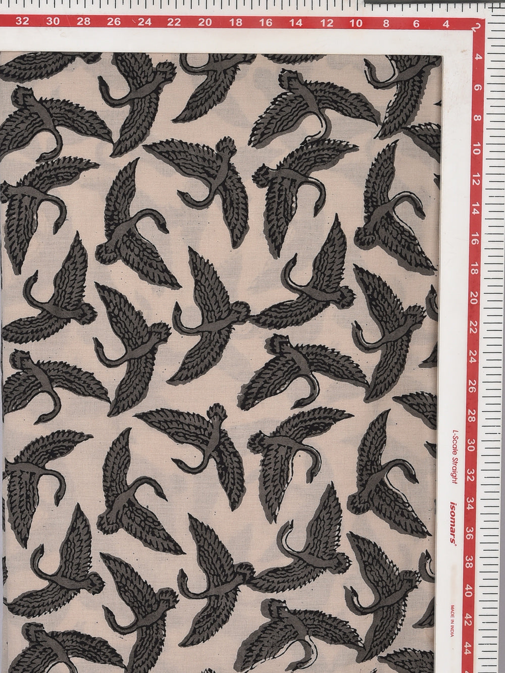Grey Bagru Natural Colour Flock of Birds Animal Pattern Cotton Cambric Fabric