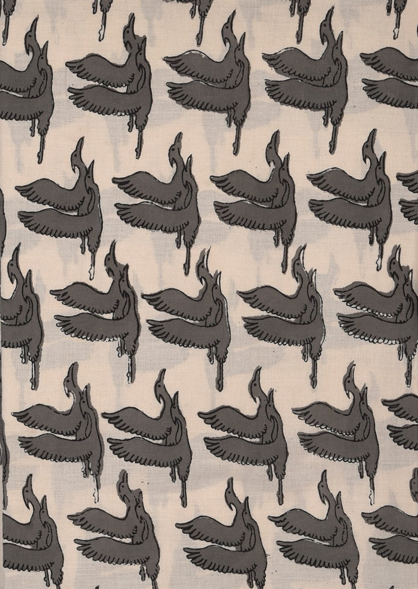 Grey Bagru Natural Colour Flamingo Rajhans Animal Pattern Cotton Cambric Fabric