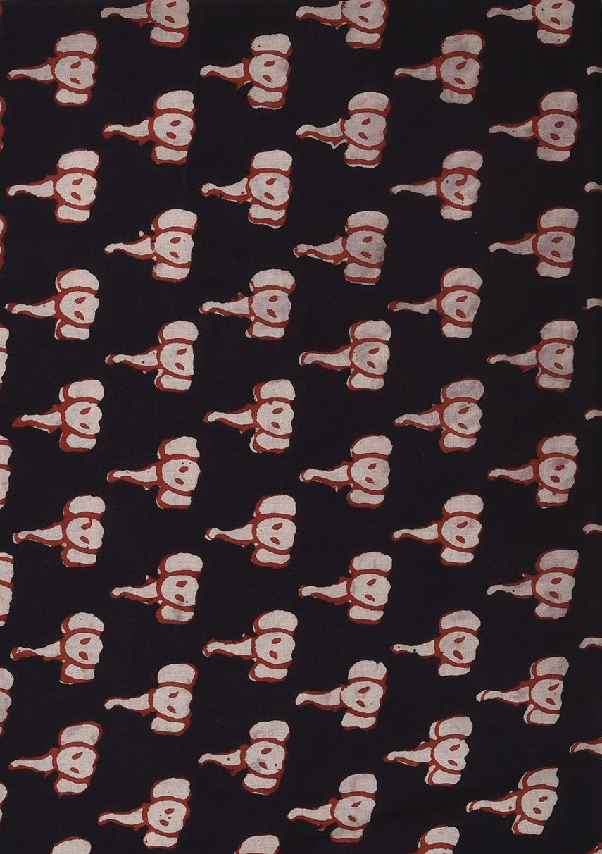 Black Bagru Natural Colour Appu Elephant Animal Pattern Cotton Cambric Fabric