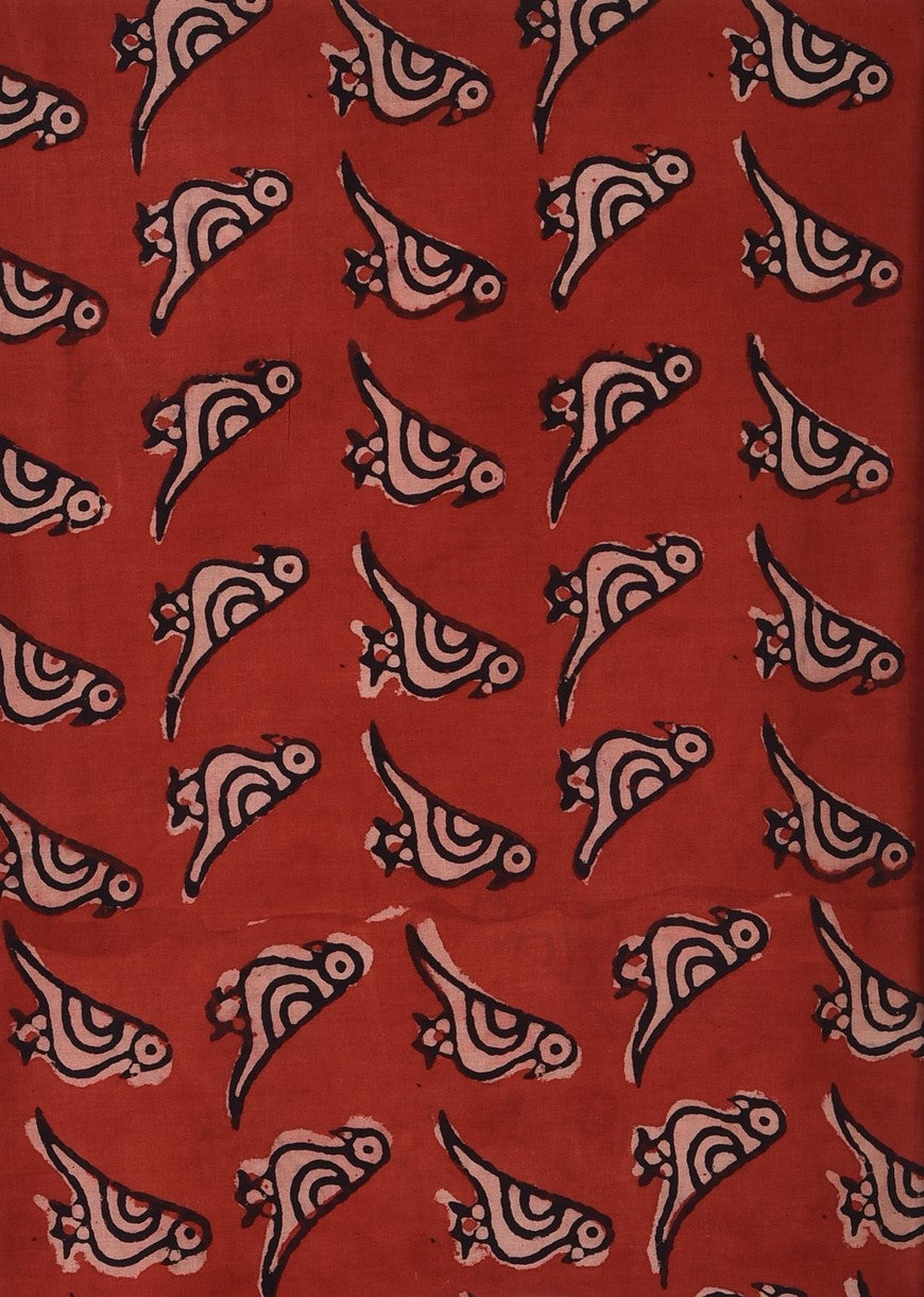 Red Bagru Natural Colour Tota Parrot Animal Print Cotton Cambric Fabric