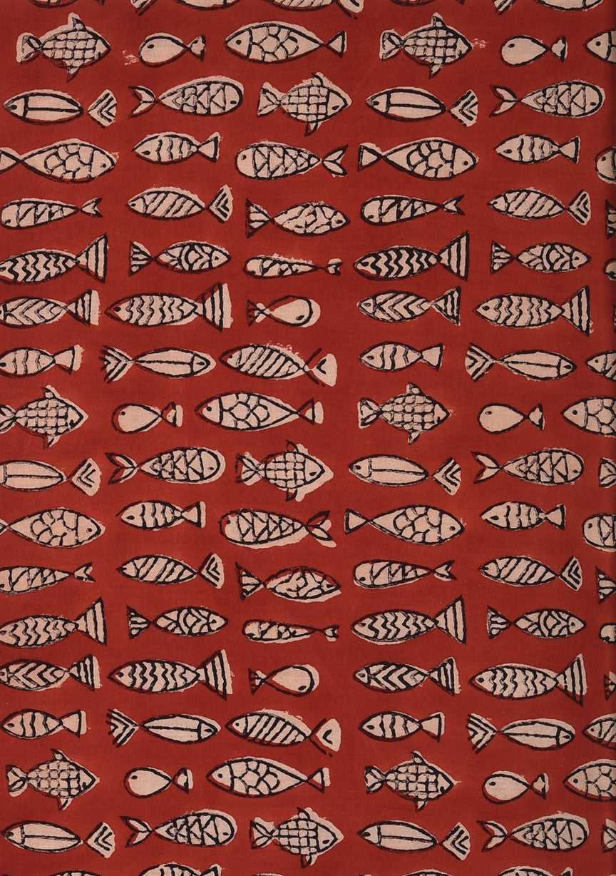 Red Bagru Natural Colour Matsya Fish with Black outline Animal Pattern Cotton Cambric Fabric