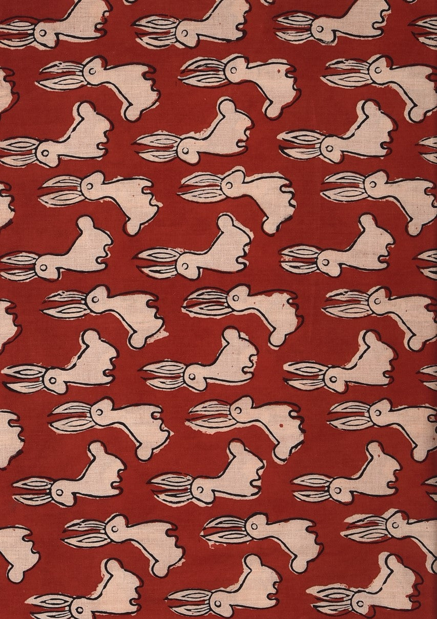 Bagru Red Natural Colour Khargosh Hare Animal Pattern Cotton Cambric Fabric