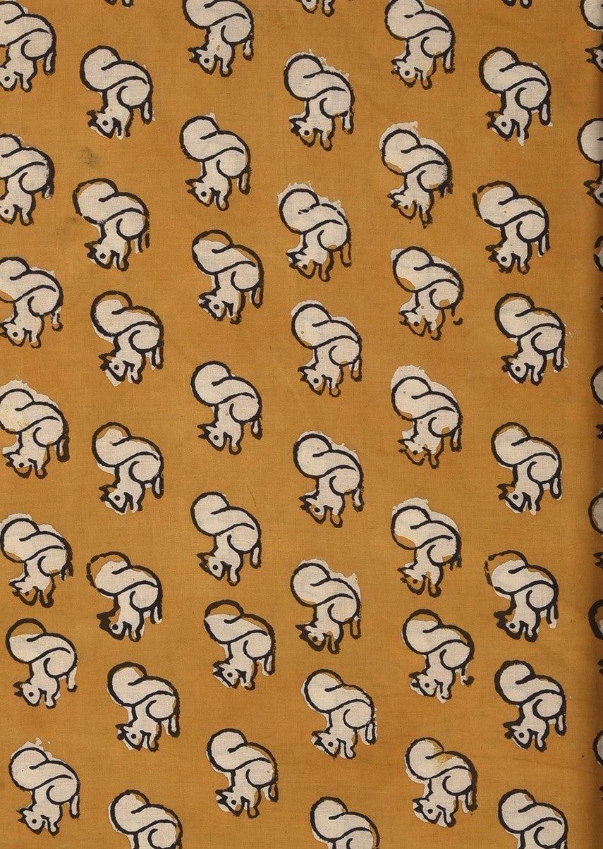 Bagru Yellow Natural Colour Kilaharee Squirrel Animal Pattern Cotton Cambric Fabric