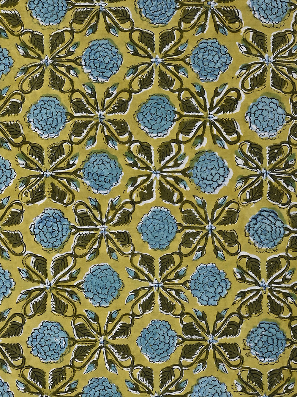 Green Marigold Flower Jaal Pattern Cotton Cambric Sanganeri Hand Block Printed Fabric