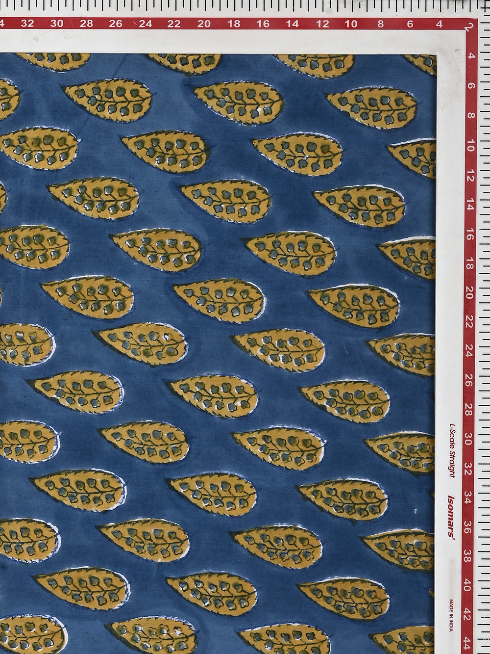 Yellow Detailed Leaf Booti Pattern on Blue Cotton Cambric Sanganeri Hand Block Printed Fabric