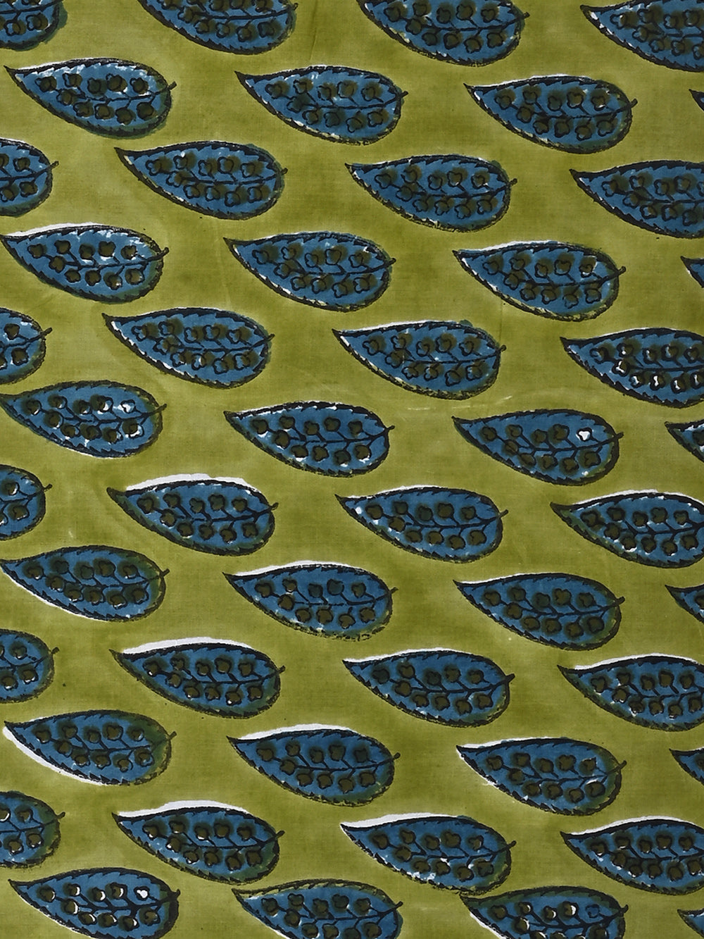 Blue Detailed Leaf Booti Pattern on Green Cotton Cambric Sanganeri Hand Block Printed Fabric