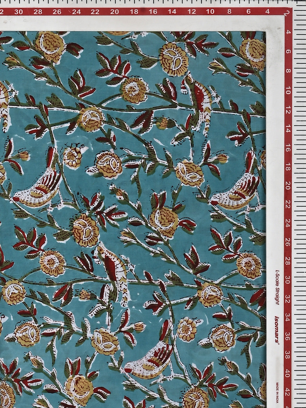 Firozi Blue Chidiya Jaal Pattern Cotton Cambric Sanganeri Hand Block Printed Fabric