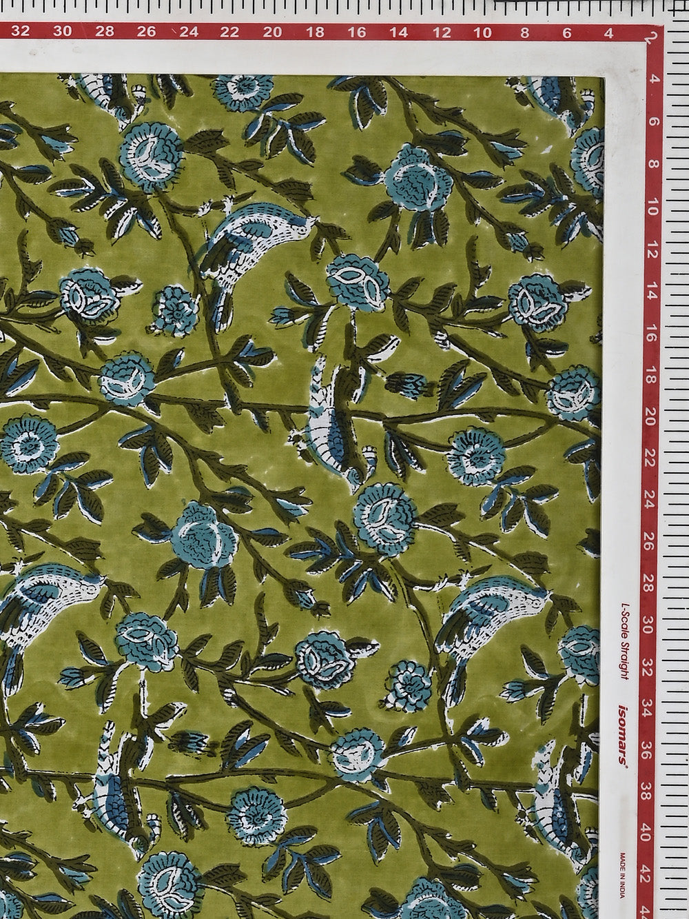 Green Chidiya Jaal Pattern Cotton Cambric Sanganeri Hand Block Printed Fabric