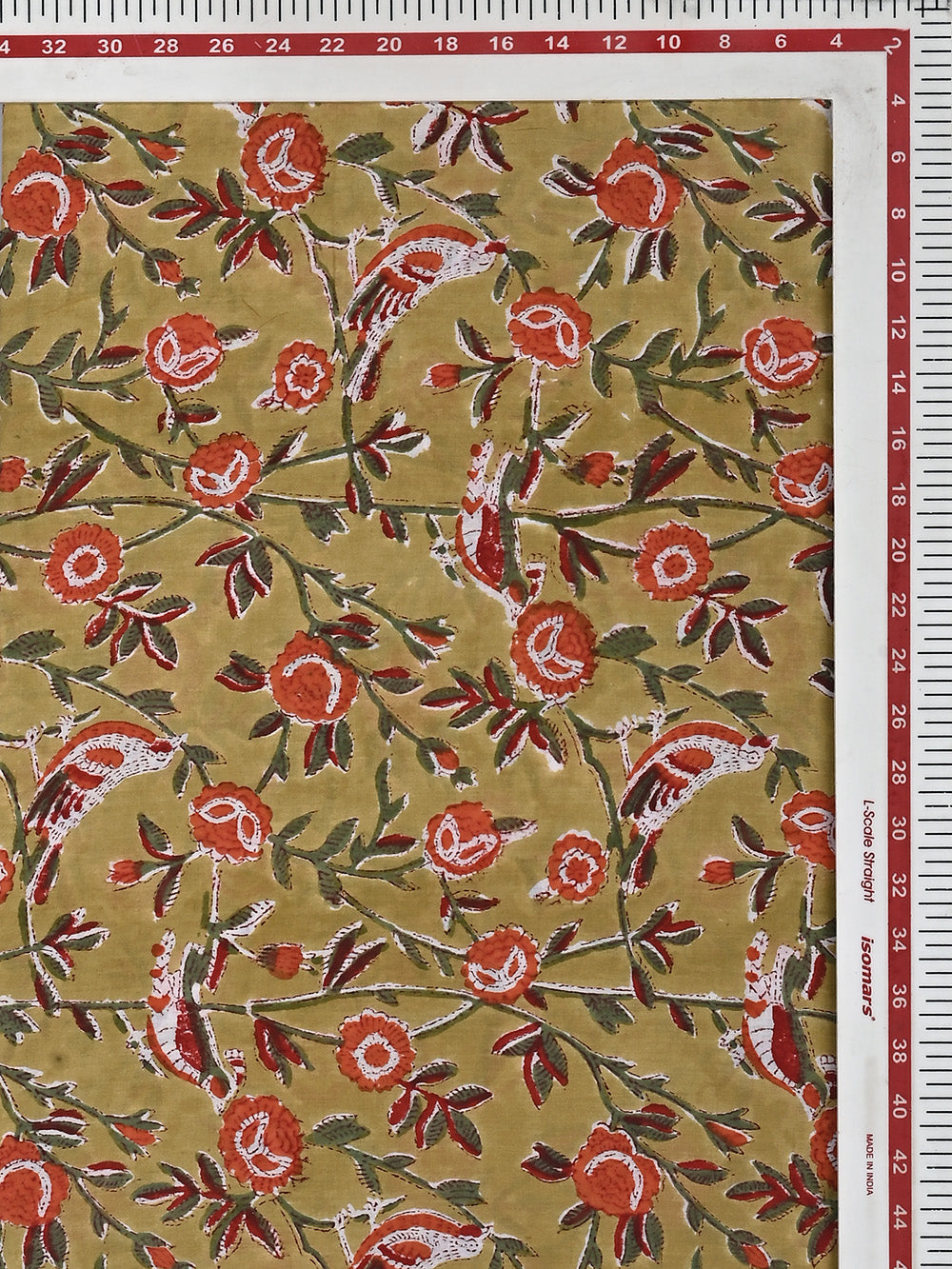 Olive Yellow Chidiya Jaal Pattern Cotton Cambric Sanganeri Hand Block Printed Fabric