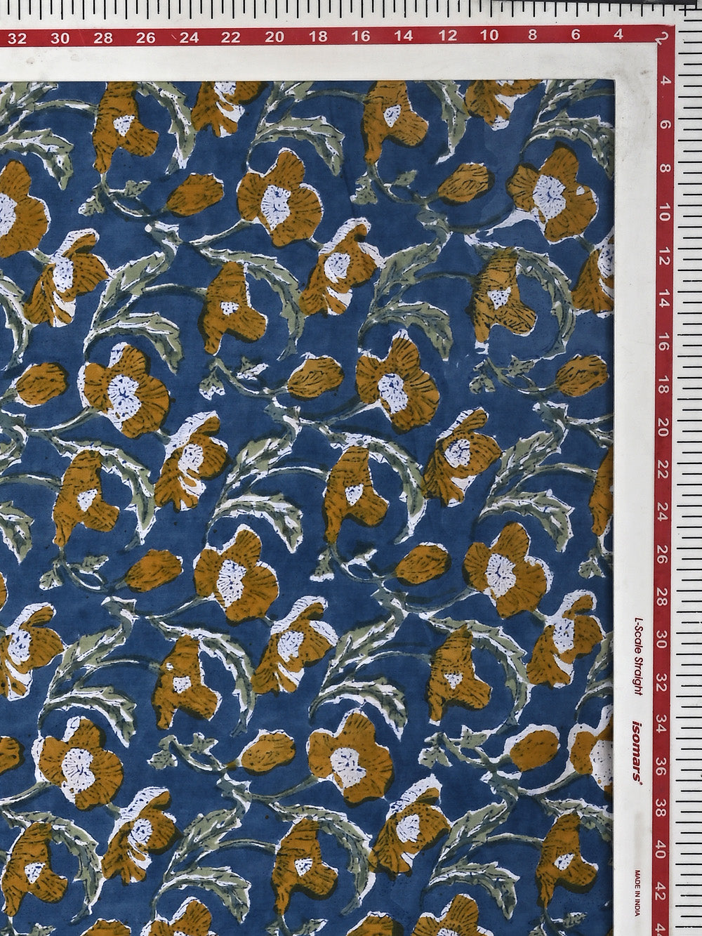 Yellow Poppy Jaal Pattern on Dark Blue Cotton Cambric Sanganeri Hand Block Printed Fabric