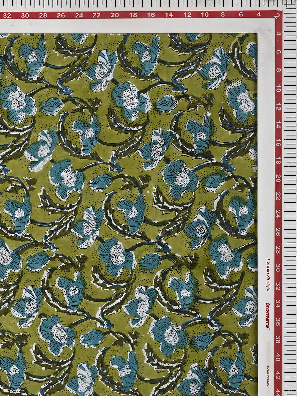 Blue Poppy Jaal Pattern on Green Cotton Cambric Sanganeri Hand Block Printed Fabric