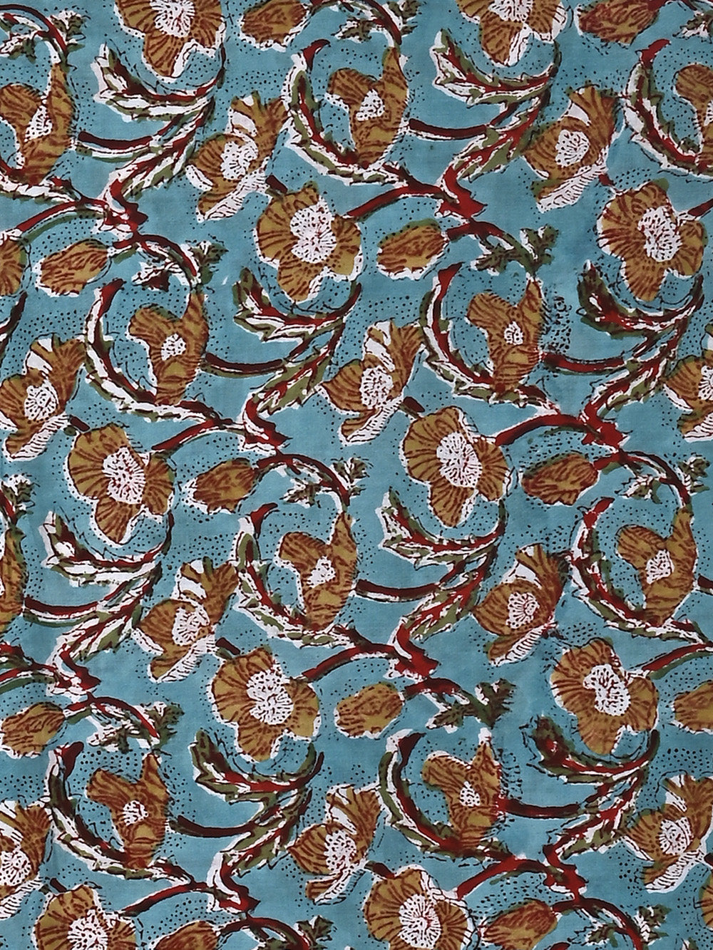 Yellow Poppy Jaal Pattern on Blue Cotton Cambric Sanganeri Hand Block Printed Fabric