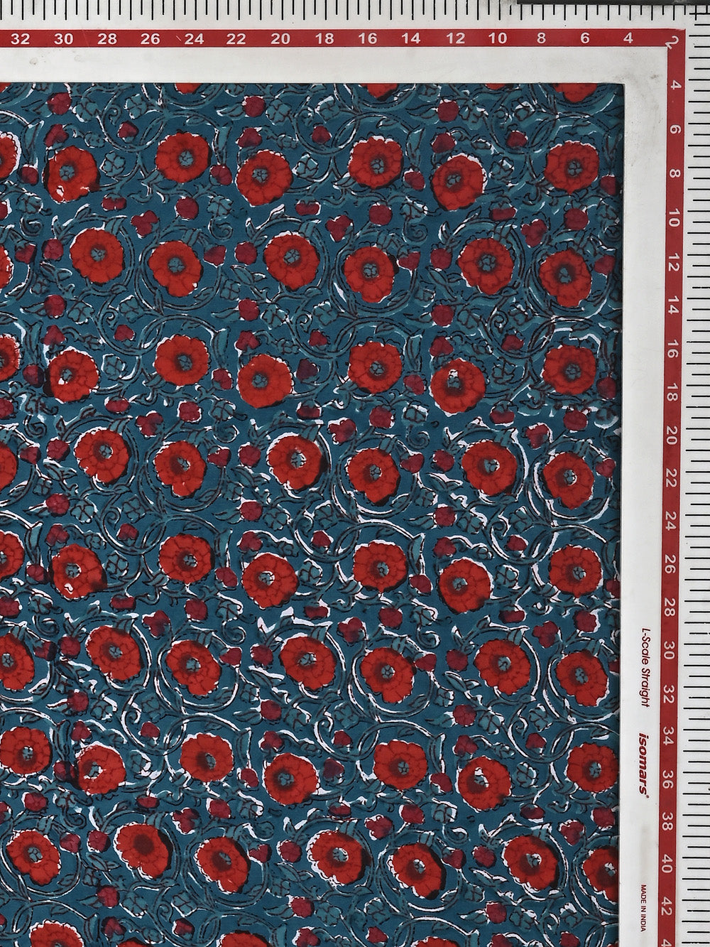 Teal Blue Genda Phool Jaal Pattern Cotton Cambric Sanganeri Hand Block Printed Fabric