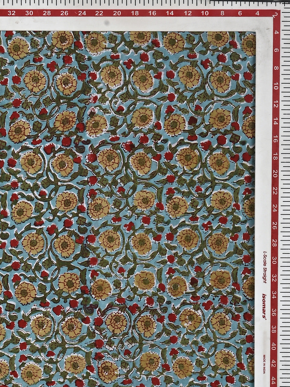 Firozi Genda Phool Jaal Pattern Cotton Cambric Sanganeri Hand Block Printed Fabric