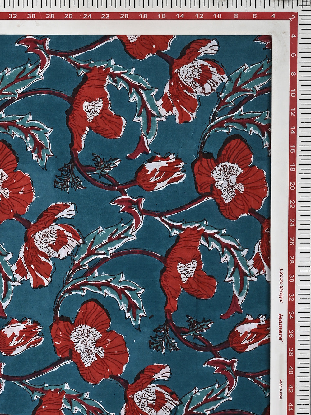 Teal Poppy Jaal Pattern Cotton Cambric Sanganeri Hand Block Printed Fabric