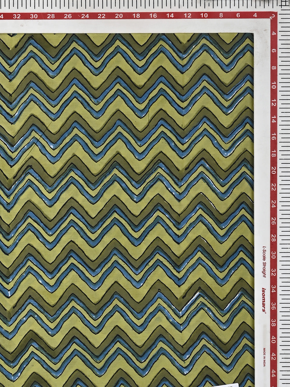 Green Zig zag Pattern Cotton Cambric Sanganeri Hand Block Printed Fabric