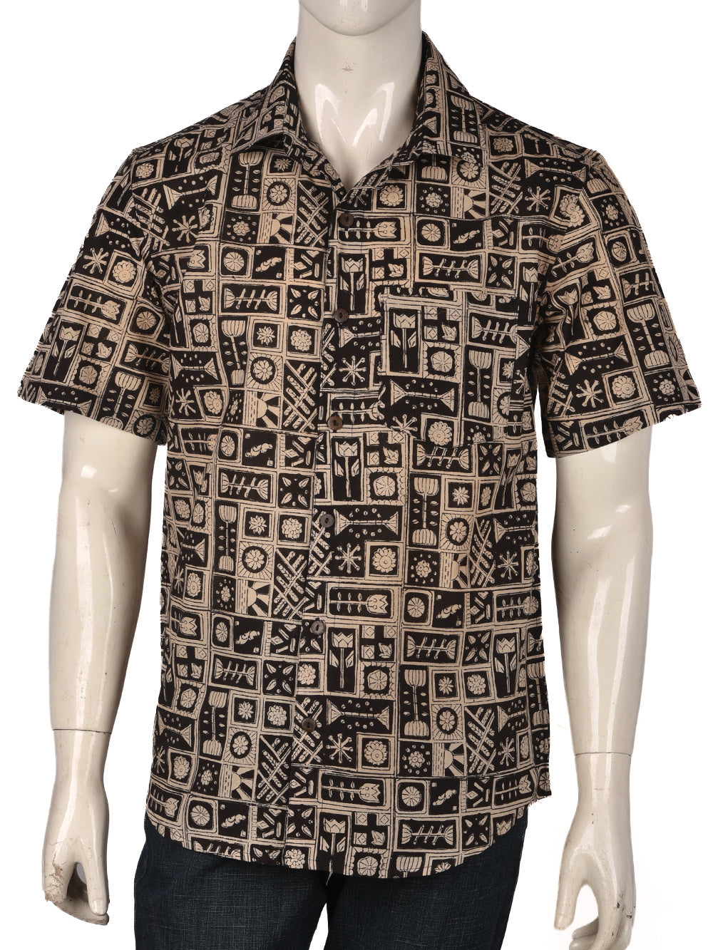 Bagru Black Lotus Cotton Mens Half Sleeve Shirts
