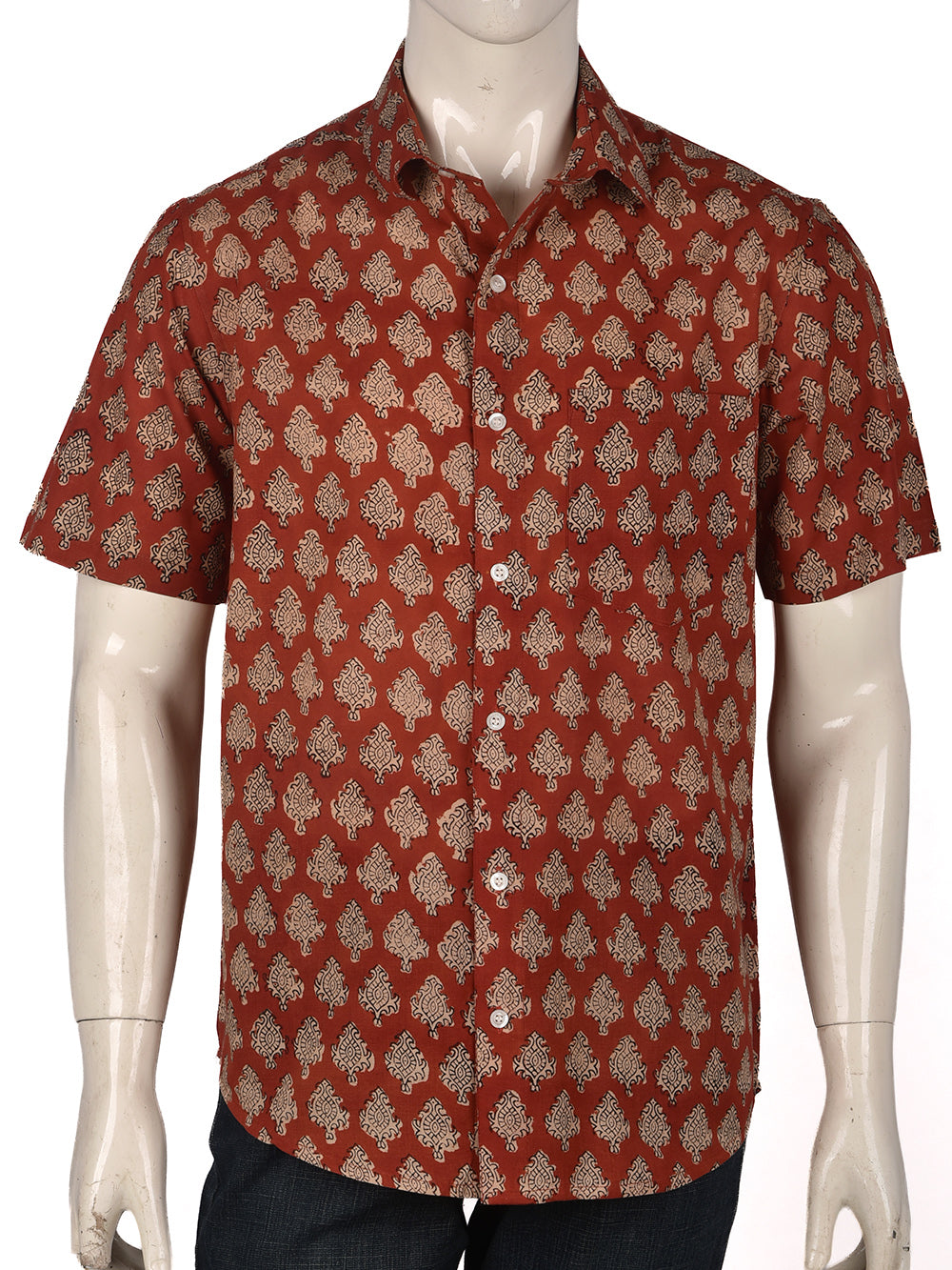 Bagru Red Booti Cotton Mens Half Sleeve Shirts