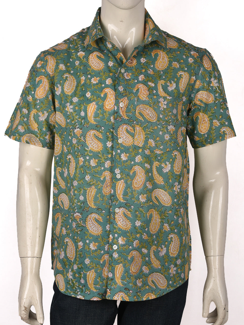 Green Paisley Cotton Mens Half Sleeve Shirts