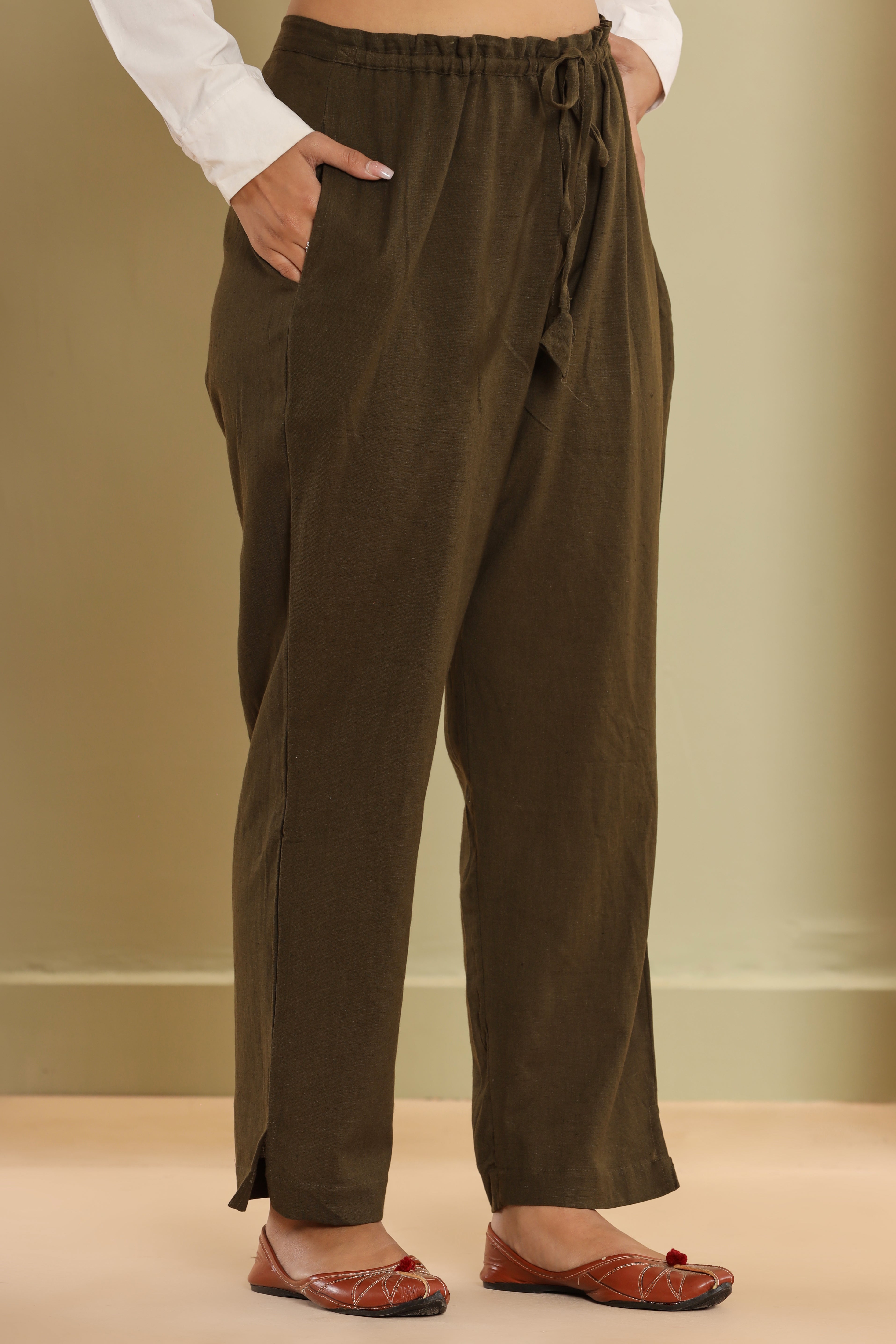 Dark Mehndi Green Cotton Flex Straight Zipper Pants