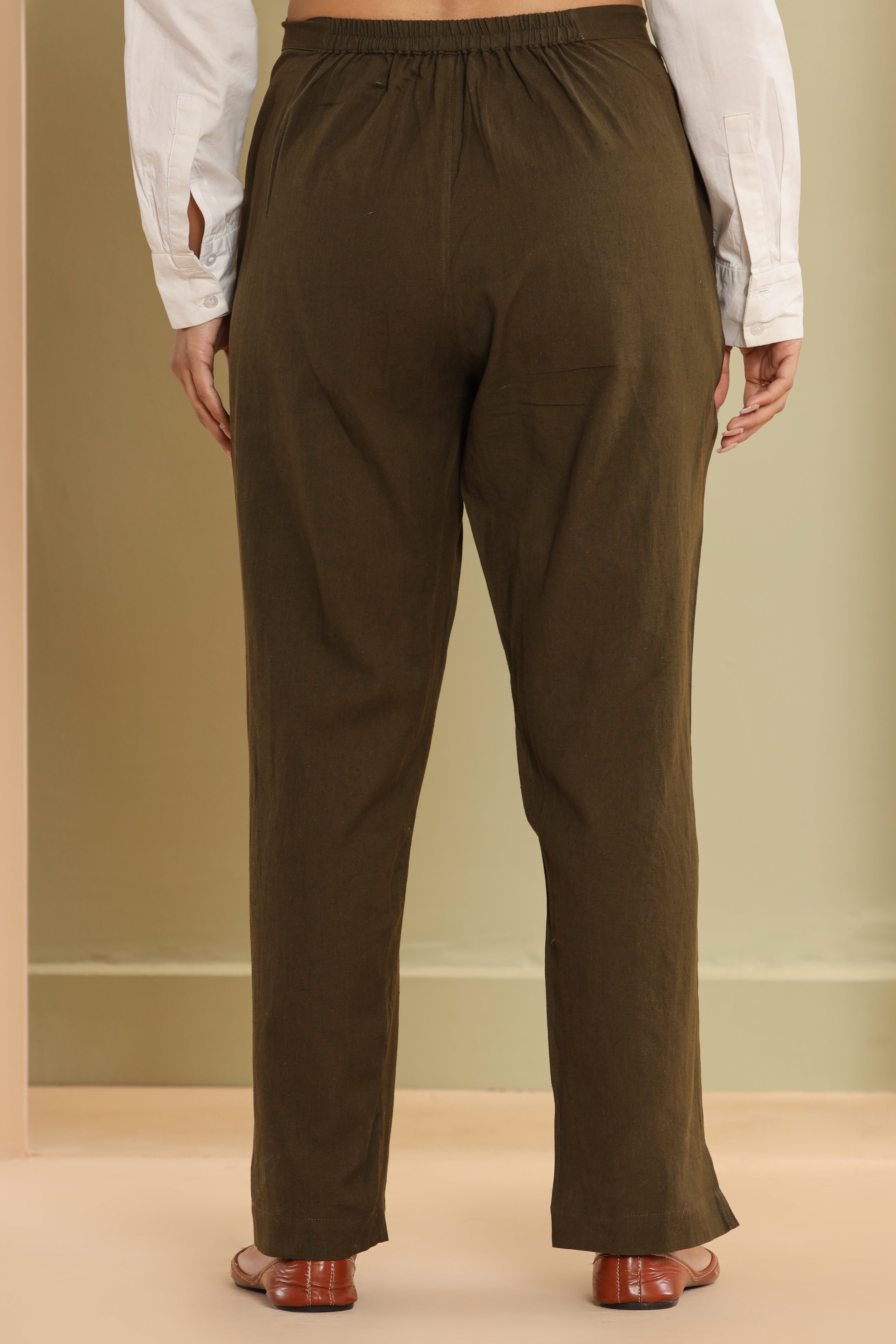 Dark Mehndi Green Cotton Flex Straight Zipper Pants