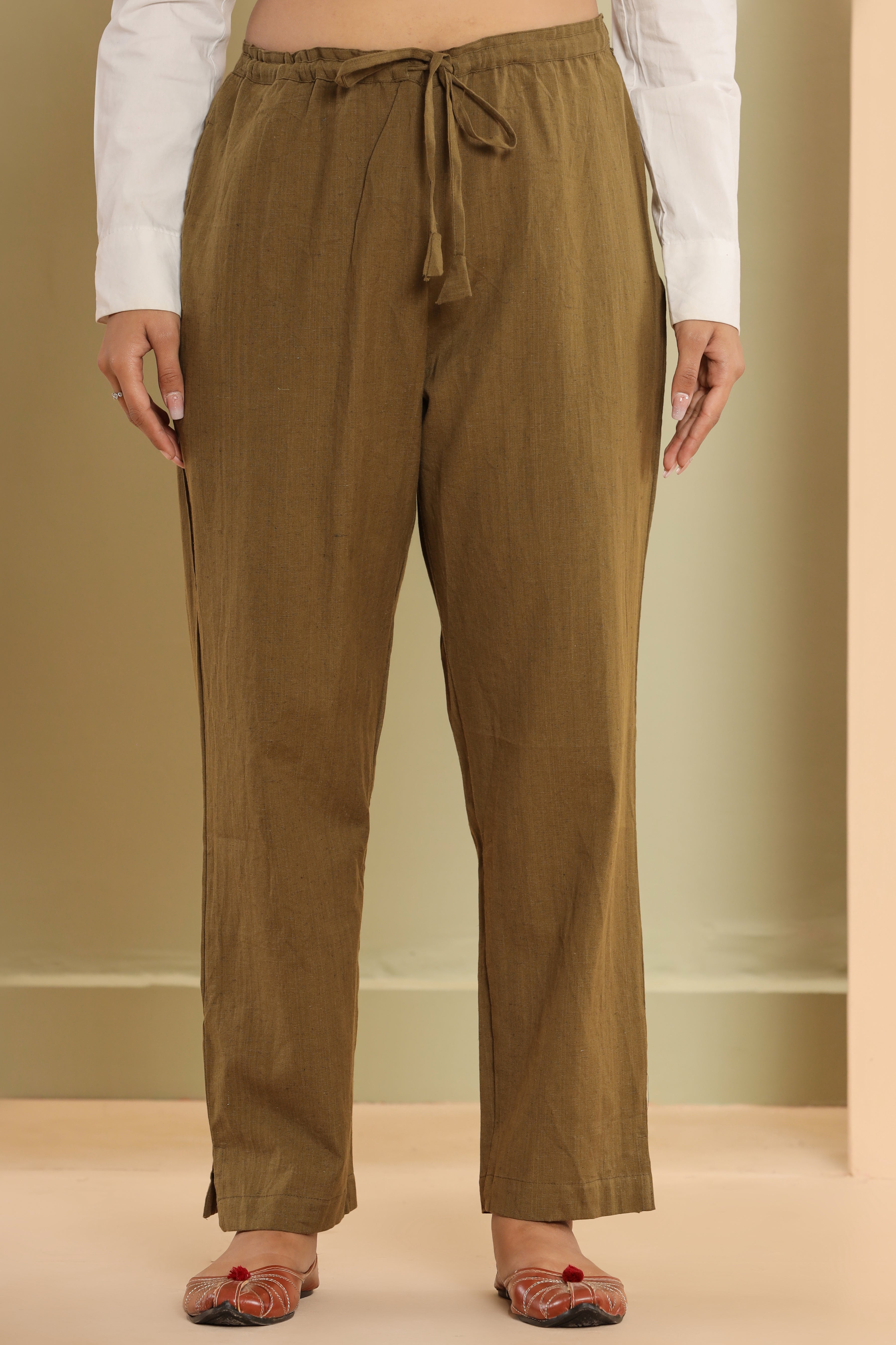 Mehndi Green Cotton Flex Straight Zipper Pants