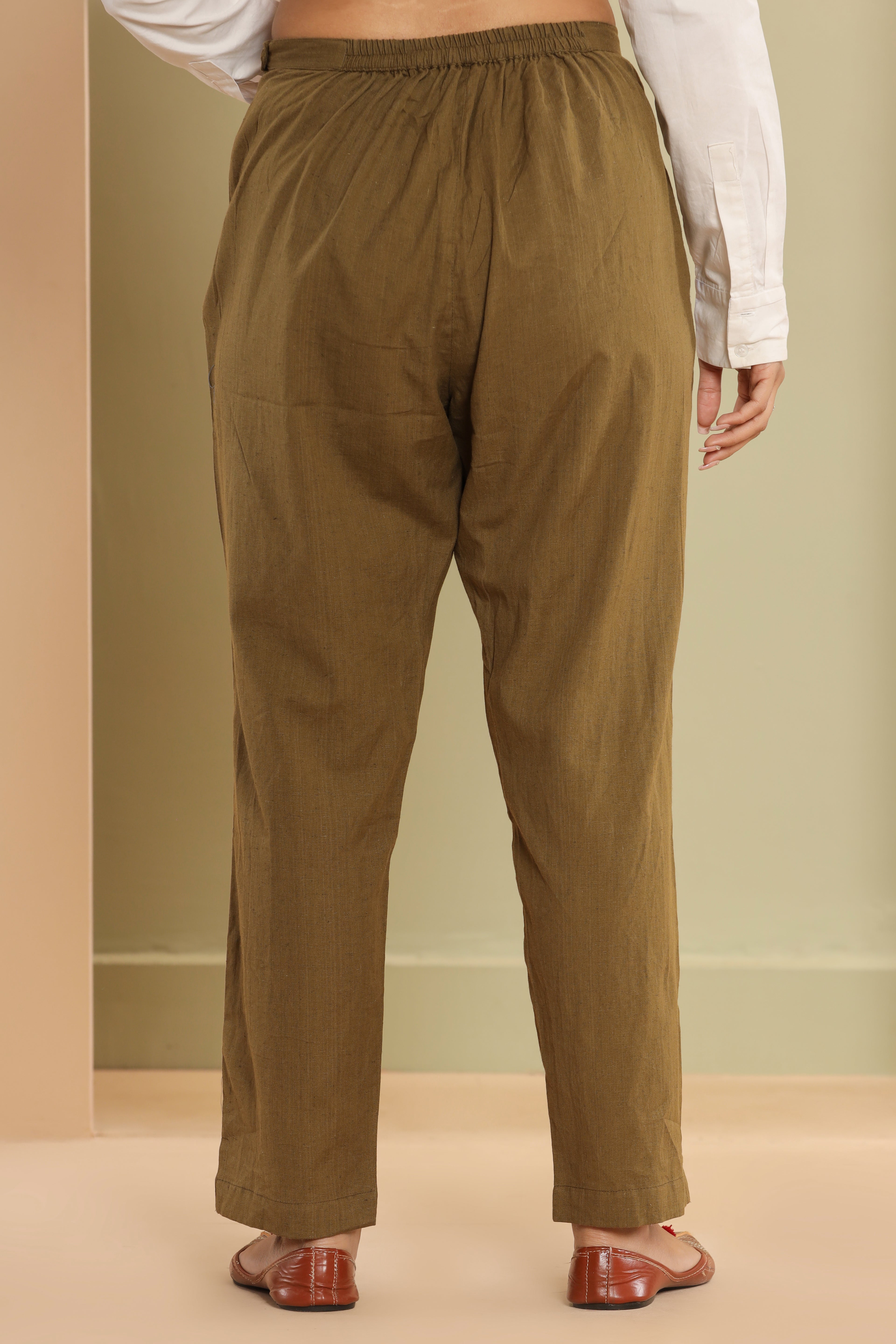 Mehndi Green Cotton Flex Straight Zipper Pants