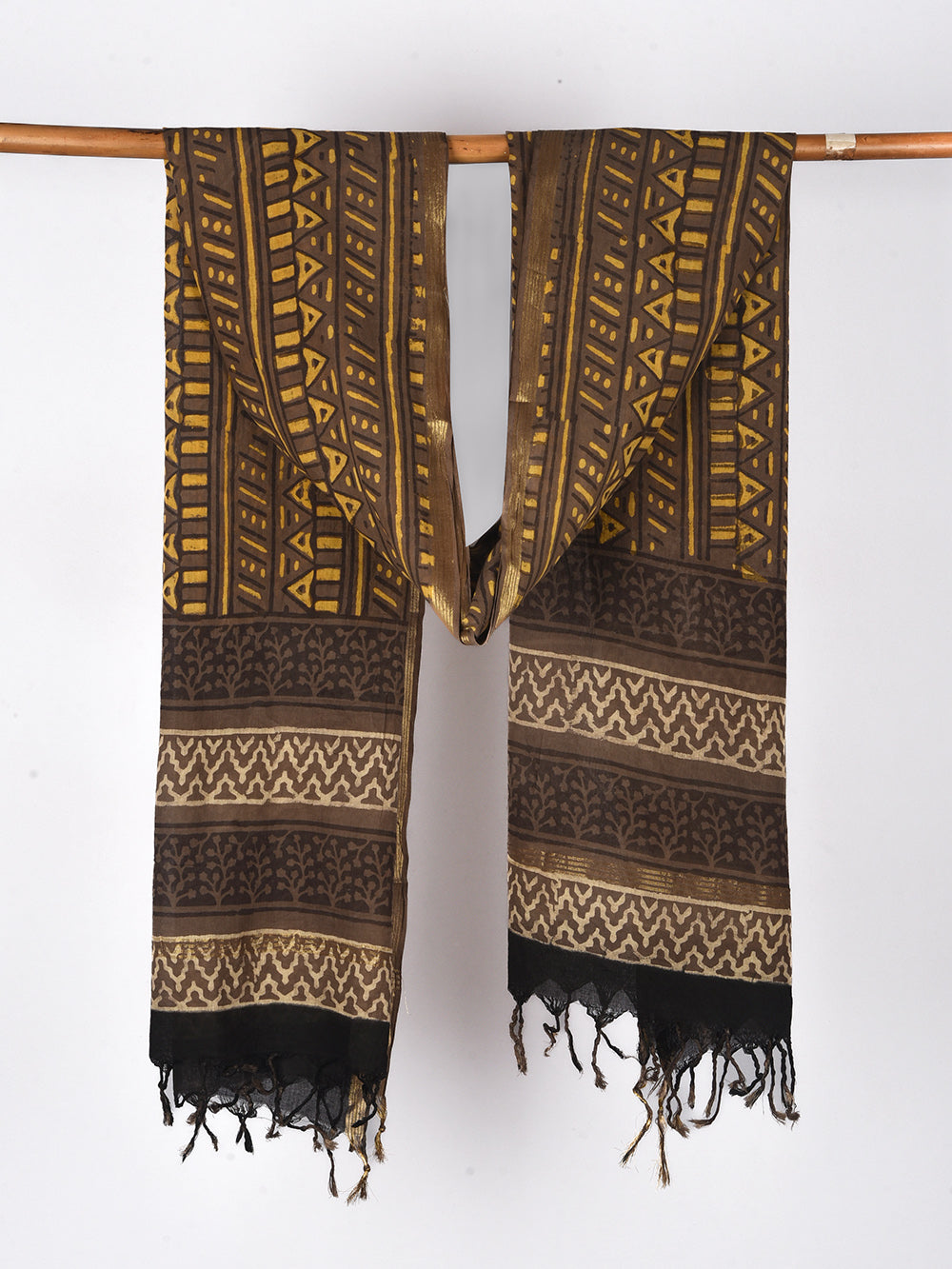 Tribal Hand Block Printed Cotton Dupatta with Zari Border