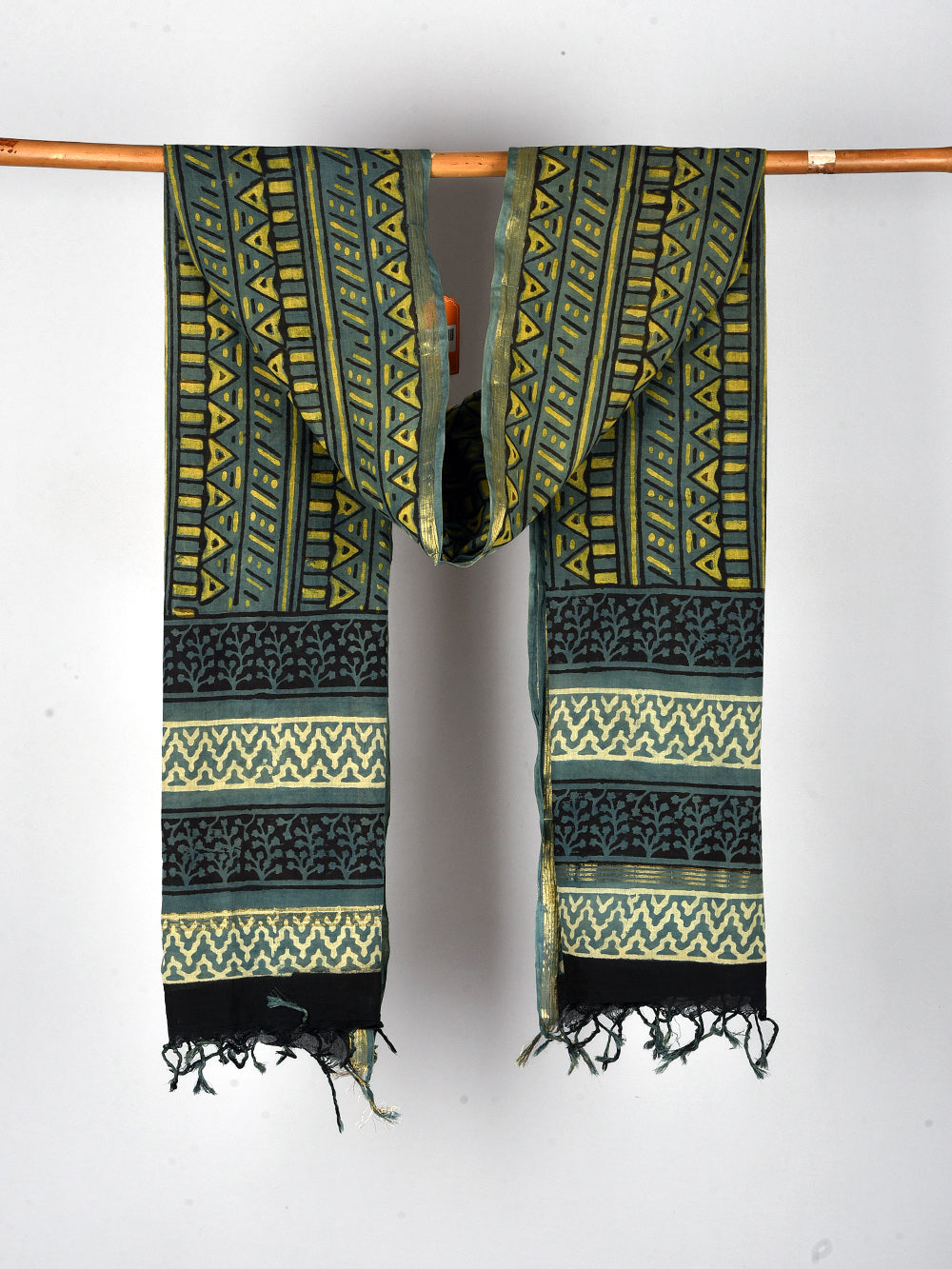 Tribal Hand Block Printed Cotton Dupatta with Zari Border