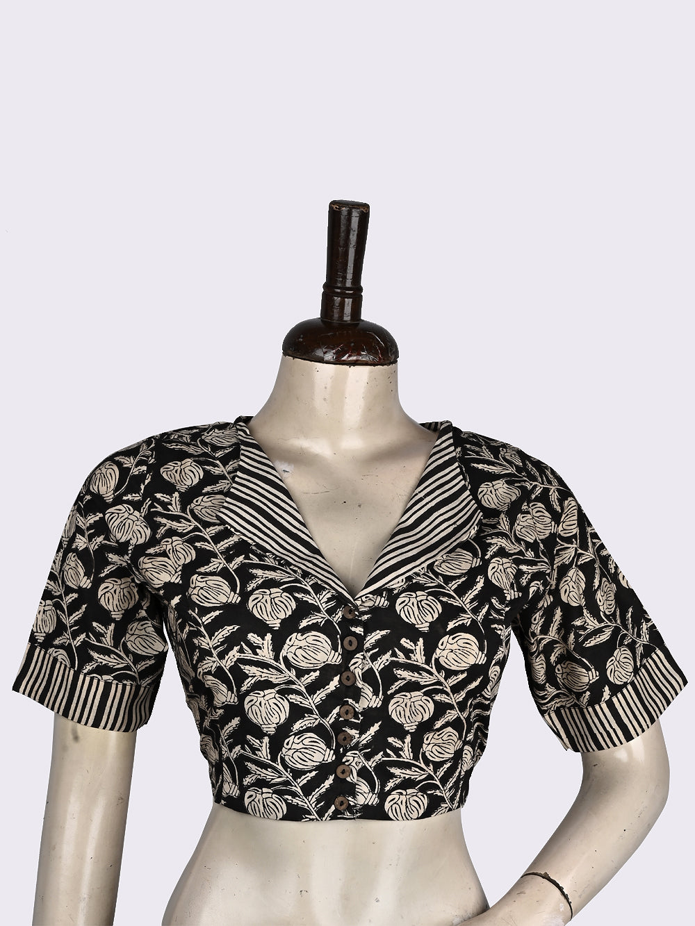 Bagru Black Anaar Overlap Collar Hand Block Printed Cotton Blouse