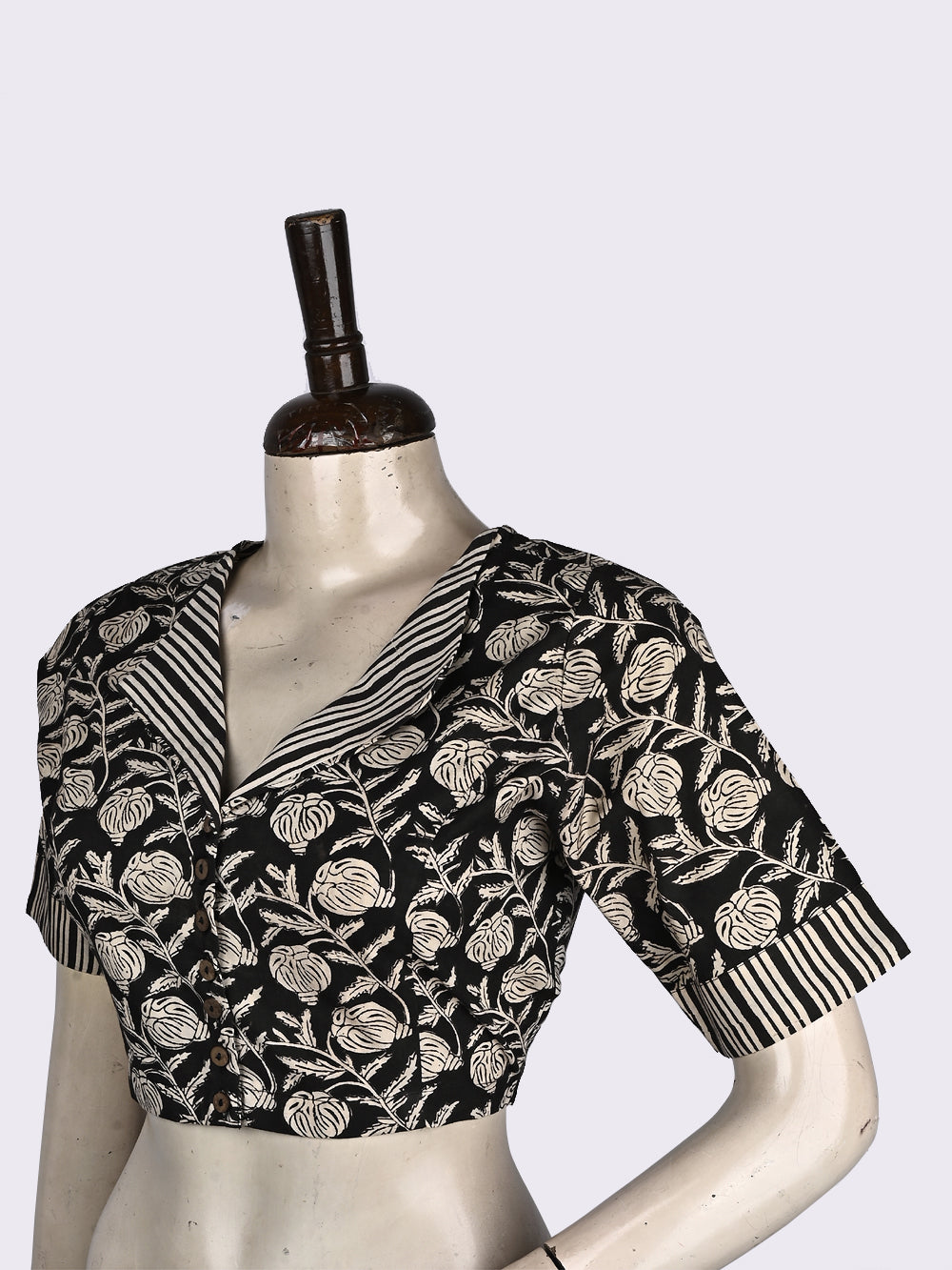 Bagru Black Anaar Overlap Collar Hand Block Printed Cotton Blouse