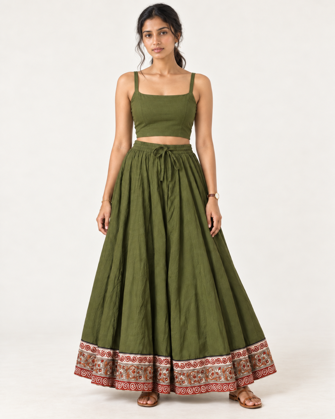 Plain Dyed Mehendi Green with Kalamkari Border Crinkled Cotton 28 Kali Kalidaar Skirt
