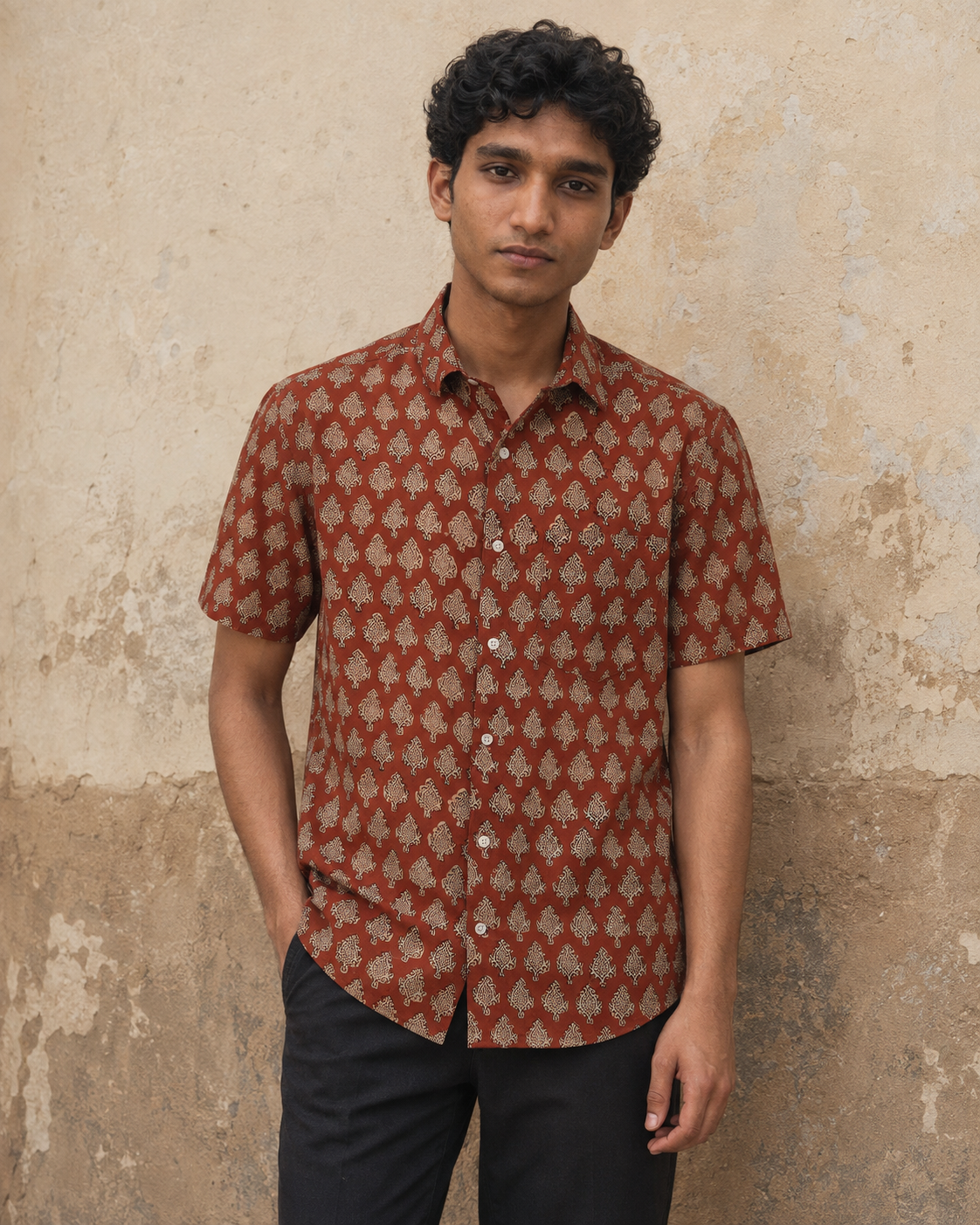 Bagru Red Booti Cotton Mens Half Sleeve Shirts