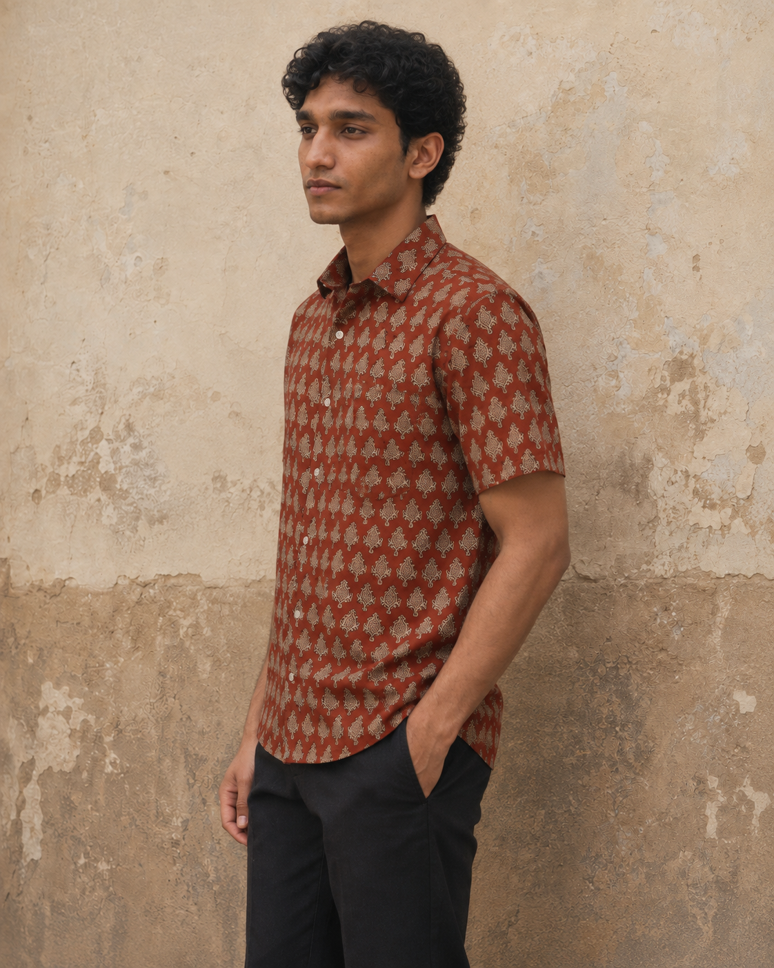 Bagru Red Booti Cotton Mens Half Sleeve Shirts