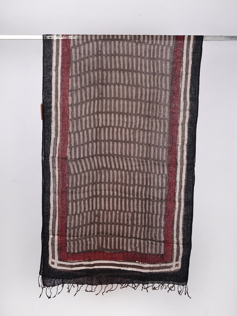 Bagru Daboo Kasis Stripe Dashes Hand Printed Pure Linen Dupatta