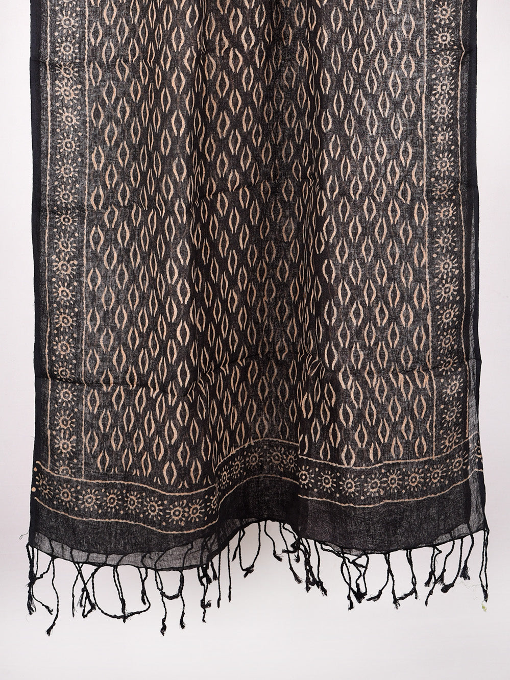 Black Brackets Hand Printed Pure Linen Dupatta